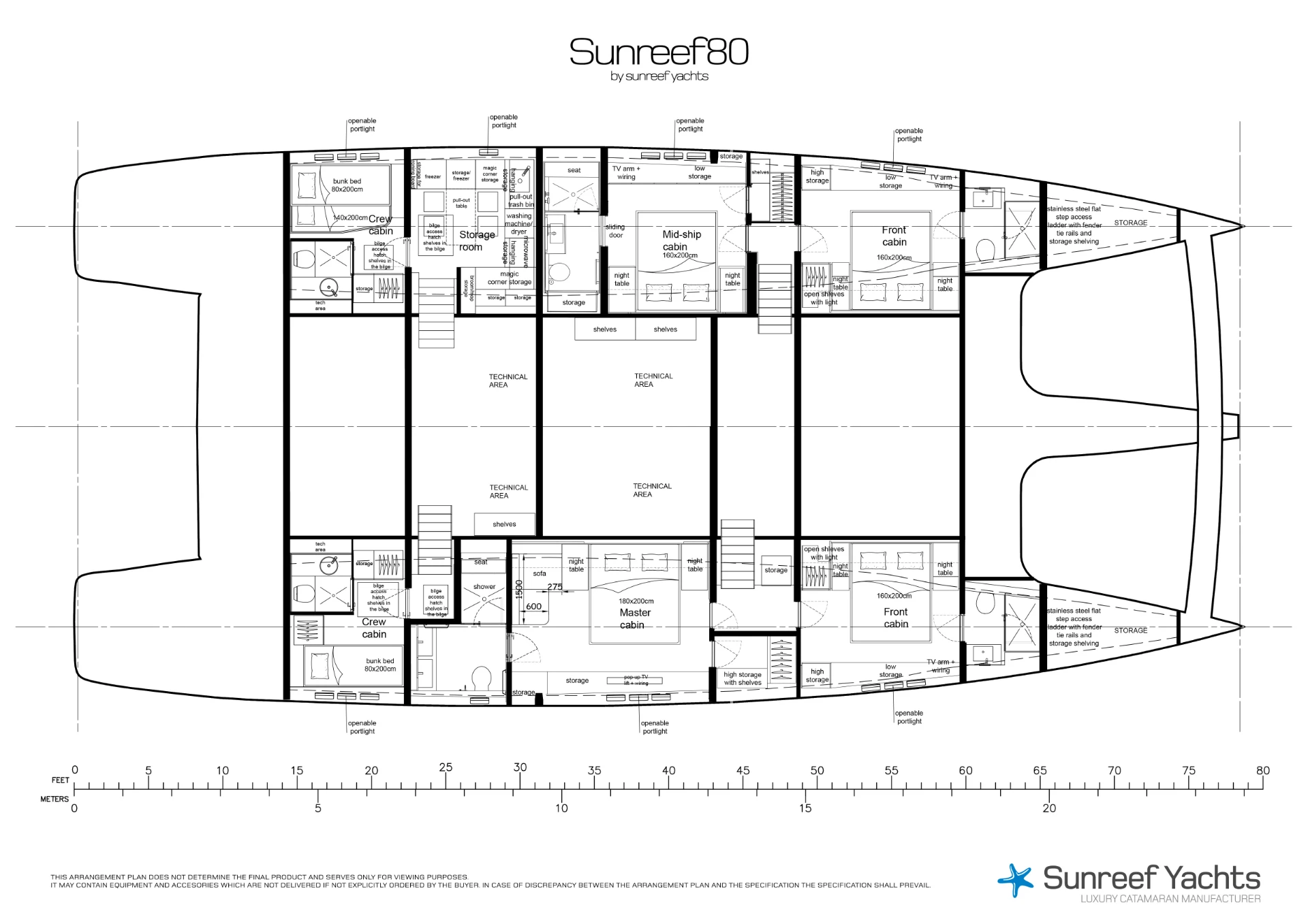 Accommodation deck plan of Endless Horizon II showing the master suite, three guest cabins and two crew cabins