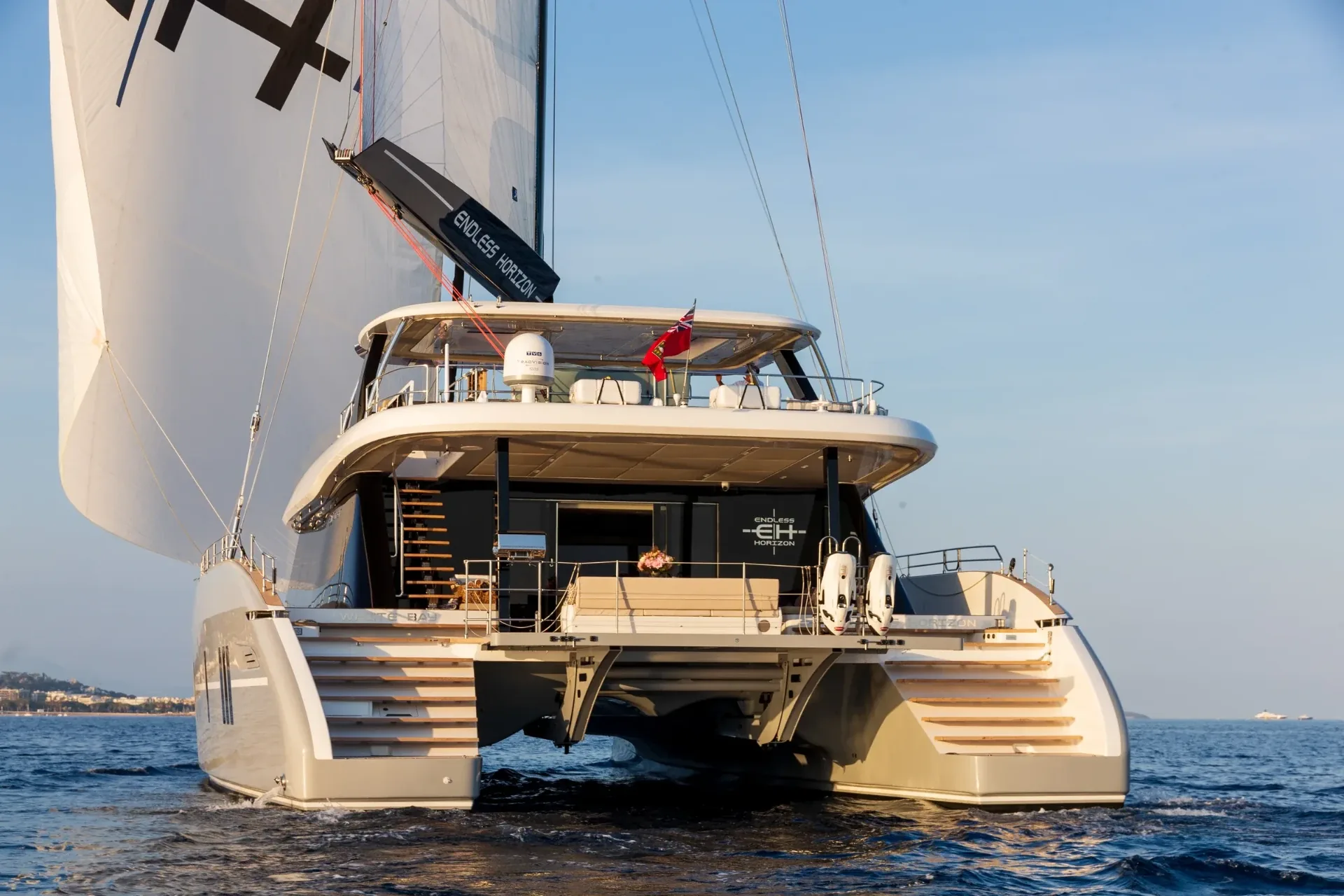 Stern view of Endless Horizon II with the swim platform and tenders in davits
