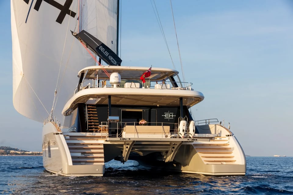 Stern view of Endless Horizon II with the swim platform and tenders in davits