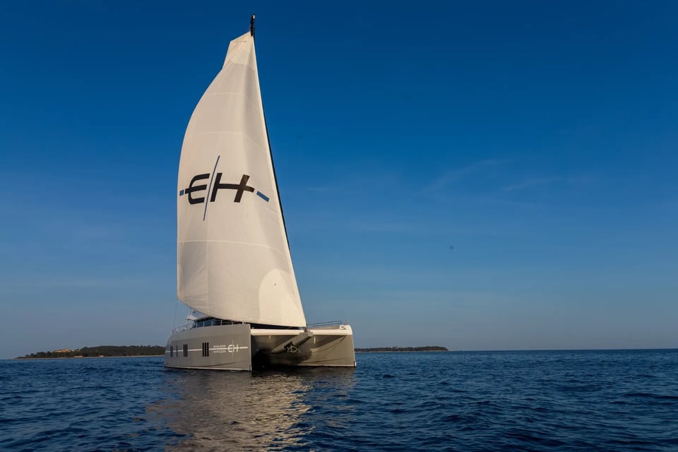 The EH mainsail set against deep blue water and sky