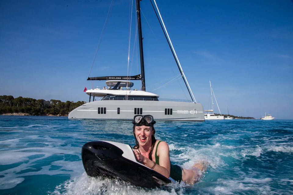 Guests and crew aboard the Sunreef 80 catamaran Endless Horizon II