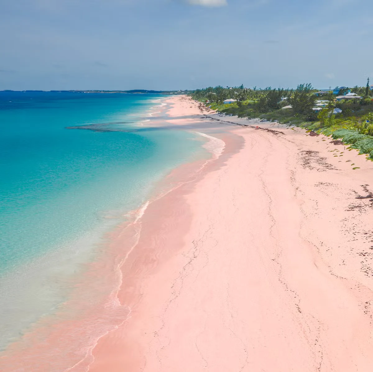 Pink sand beach on Harbour Island in the Bahamas meeting clear shallow water