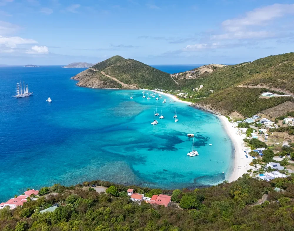 Aerial of White Bay, Jost Van Dyke — yachts anchored over turquoise shallows in the British Virgin Islands